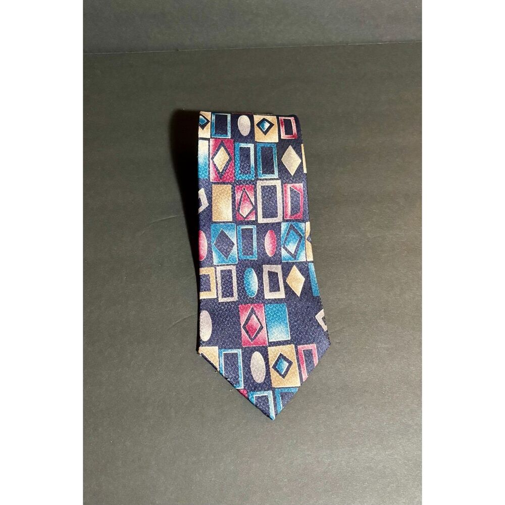 Vintage Alexander Lloyd Boston Tie Geometric Abstract Navy Multicolor Made USA